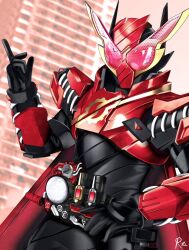 Rule 34 | 1boy, armor, artist name, build driver, city, cityscape, commentary, compound eyes, english commentary, fullfull bottle, hand on own hip, hazard trigger, highres, kamen rider, kamen rider build, kamen rider build (series), male focus, open hand, pink eyes, pointing, rabbit, rabbit+rabbit form, red armor, reiei 8, shoulder armor, signature, solo, spring (object)