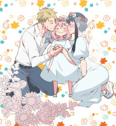 Rule 34 | 1boy, 2girls, anya (spy x family), black hair, black pants, blonde hair, blue flower, blue rose, breasts, bridal veil, bride, child, closed eyes, commentary request, dress, family, father and daughter, floral background, flower, groom, head wreath, holding hands, husband and wife, kamimiya, kneeling, large breasts, mother and daughter, multiple girls, pants, pink hair, red flower, red rose, rose, sidelocks, spy x family, twilight (spy x family), veil, wedding dress, white dress, yor briar