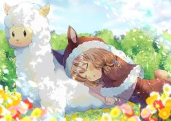 Rule 34 | 1girl, :o, alpaca ears, alpaca tail, animal ears, animal hood, blurry, blurry background, blurry foreground, blush, brown capelet, brown shirt, brown skirt, capelet, closed eyes, day, depth of field, fake animal ears, flower, fur-trimmed capelet, fur-trimmed hood, fur trim, hair between eyes, hood, hood up, hooded capelet, indie virtual youtuber, kou hiyoyo, llama, long sleeves, lying, nini neen, on side, outdoors, parted lips, pink flower, puffy long sleeves, puffy sleeves, red flower, shirt, skirt, sleeping, solo, striped clothes, striped shirt, tail, vertical-striped clothes, vertical-striped shirt, virtual youtuber, white flower, yellow flower