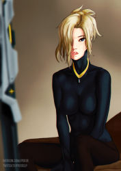 Rule 34 | 1girl, arms between legs, black shirt, blonde hair, blue eyes, blurry, breasts, brown background, brown pants, brown pantyhose, chromatic aberration, collar, commentary, covered erect nipples, depth of field, exhausted, facing viewer, hair over one eye, high ponytail, highres, indoors, long sleeves, looking at another, medium breasts, mercy (overwatch), messy hair, no bra, nose, overwatch, overwatch 1, pants, pantyhose, parted lips, partially undressed, pekoe (robert), pink lips, realistic, shirt, sitting, skin tight, solo, staff, undershirt, v arms, watermark, web address