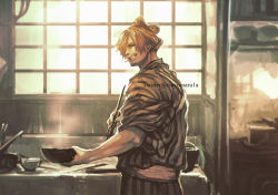 Rule 34 | 1boy, blonde hair, cigarette, cooking, facial hair, from behind, hair over one eye, incoming food, japanese clothes, kimono, kitchen, looking at viewer, male focus, official alternate costume, one piece, sanji (one piece), short hair, smile, smoke, smoking, solo, striped clothes, striped kimono, stubble, swept bangs, tsuyomaru, yellow kimono