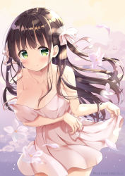 Rule 34 | 1girl, arm under breasts, bare shoulders, blush, bow, breast hold, breasts, brown hair, character name, cleavage, closed mouth, collarbone, commentary request, dress, flower, gochuumon wa usagi desu ka?, green eyes, hair bow, happy birthday, highres, large breasts, long hair, neki (wakiko), petals, pink background, pink bow, pink dress, skirt hold, smile, solo, strap slip, twitter username, two side up, ujimatsu chiya, white flower