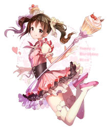 Rule 34 | 10s, 1girl, 77gl, :p, :q, baton, black hair, cake, character name, corset, cupcake, dress, floating hair, food, full body, hair ribbon, happy birthday, heart, heart background, highres, layered skirt, legs folded, licking lips, looking at viewer, love live!, love live! school idol festival, love live! school idol project, m/, pink dress, pink footwear, puffy sleeves, red eyes, ribbon, shirt, shoes, short sleeves, skirt, smile, solo, staff, striped clothes, striped dress, thighhighs, thighs, tongue, tongue out, twintails, white background, white thighhighs, yazawa nico, zettai ryouiki
