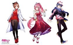Rule 34 | 1boy, 2girls, alternate costume, animal ears, black pants, blue eyes, blue hair, brown hair, coat, collarbone, contrapposto, dress, earrings, fake animal ears, full body, grin, head tilt, highres, jacket, jewelry, kaito (vocaloid), leg up, long hair, looking at viewer, megurine luka, meiko (vocaloid), mika pikazo, multiple girls, necklace, official art, pants, pantyhose, pink hair, ponytail, purple eyes, red eyes, red sweater, scarf, shoes, short hair, simple background, smile, sneakers, sweater, thigh gap, very long hair, vocaloid, white coat, wide sleeves