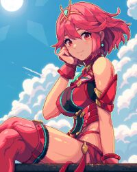 Rule 34 | 1girl, armlet, armor, bare shoulders, blush, breasts, clothing cutout, cloud, covered erect nipples, crossed legs, drop earrings, earrings, headpiece, hip vent, impossible clothes, impossible leotard, itzah, jewelry, large breasts, leotard, looking at viewer, pixel art, pyra (xenoblade), red eyes, red hair, red shorts, revealing clothes, short hair, shorts, sitting, solo, sun, sunlight, xenoblade chronicles (series), xenoblade chronicles 2