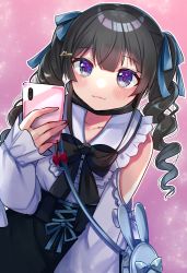 Rule 34 | 1girl, bad id, bad pixiv id, bag, bare shoulders, black bow, black hair, black skirt, blue bow, blush, bow, cellphone, closed mouth, clothing cutout, collared shirt, commentary, frilled shirt collar, frills, hair between eyes, hair bow, hand up, holding, holding phone, long hair, long sleeves, looking at viewer, mask, mask pull, minami saki, mouth mask, nijisanji, phone, pink background, puffy long sleeves, puffy sleeves, purple eyes, red bow, ringlets, shirt, shoulder bag, shoulder cutout, skirt, sleeves past wrists, smile, solo, symbol-only commentary, tsukino mito, tsukino mito (14th costume), twintails, virtual youtuber, white shirt
