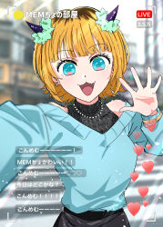 1girl :3 absurdres anju_(artist) black_skirt blonde_hair blue_eyes blue_sweater blurry blurry_background blush bracelet classroom closed_mouth commentary_request crosswalk demon_horns earrings fake_horns fang hand_up highres horns jewelry long_sleeves looking_at_viewer mem-cho necklace no_pupils open_mouth oshi_no_ko outdoors recording short_hair skirt solo sweater translation_request waving