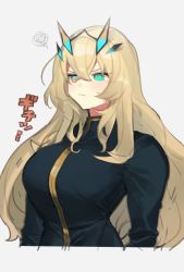 Rule 34 | 1girl, black shirt, blonde hair, breasts, barghest (fate), fate/grand order, fate (series), green eyes, horns, large breasts, long hair, long sleeves, shirt, solo, tan (inka)