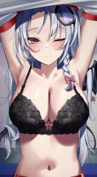 Rule 34 | 1girl, black bra, blue archive, blush, bra, breasts, cleavage, closed mouth, commentary request, gym uniform, haruna (blue archive), haruna (track) (blue archive), highres, large breasts, long hair, looking at viewer, navel, one eye closed, red eyes, solo, underwear, upper body, wakamepiza