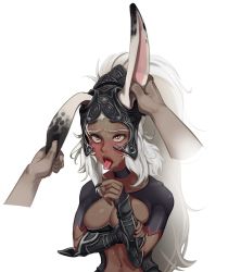 Rule 34 | 1girl, ahegao, animal ears, armor, bad id, bad pixiv id, black choker, black nails, blush, breasts, center opening, choker, cleavage, cleavage cutout, clothing cutout, collarbone, commentary, commission, dark-skinned female, dark skin, disembodied hand, drooling, grabbing another&#039;s ear, ear insertion, eargasm, ears through headwear, english commentary, eyelashes, final fantasy, final fantasy xii, fingernails, forehead, fran (ff12), hand on another&#039;s ear, helmet, high ponytail, highres, lips, long hair, medium breasts, nail polish, navel, nose, open mouth, polyle, ponytail, pov, rabbit ears, red eyes, revealing clothes, rolling eyes, sharp fingernails, silver hair, solo focus, sweat, tongue, tongue out, uncommon stimulation, upper body, vambraces, viera, white background