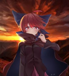 Rule 34 | 1girl, ahoge, black shirt, blue bow, bow, cloak, cloud, cloudy sky, grass, hair bow, highres, horizon, light smile, long sleeves, looking at viewer, outdoors, red cloak, red eyes, red hair, red skirt, scenery, sekibanki, shirt, short hair, skirt, sky, solo, song113, sun, sunset, touhou