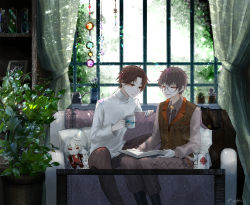 Rule 34 | 2boys, absurdres, artist request, book, boston lobster (food fantasy), brown hair, character doll, couch, cup, curtains, cushion, doll, food fantasy, glasses, highres, holding, holding book, holding cup, huge filesize, indoors, master attendant (food fantasy), multiple boys, necktie, open book, plant, potted plant, reading, red eyes, short sleeves, sitting, smile, stuffed toy, table, vest, whiskey (food fantasy), window