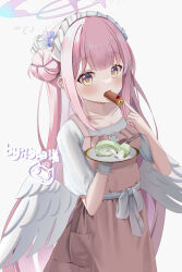 Rule 34 | 1girl, absurdres, aged down, alternate costume, apron, blue archive, blush, breasts, cake, collarbone, commentary request, eating, feathered wings, flower, food, food in mouth, hair bun, hair flower, hair ornament, halo, hand up, highres, holding, holding plate, long hair, looking at viewer, low wings, maid headdress, mika (blue archive), pink apron, pink hair, pink halo, plate, puffy short sleeves, puffy sleeves, shirt, short sleeves, simple background, single hair bun, small breasts, solo, standing, very long hair, white background, white shirt, white wings, wings, xi yang yang, yellow eyes