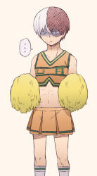 Rule 34 | 10s, 1boy, abs, bare shoulders, blouse, boku no hero academia, breasts, cheerleader, collagen, crossdressing, depressed, male focus, midriff, multicolored hair, orange shirt, pom pom (cheerleading), red hair, shaded face, shirt, sleeveless, solo, standing, sweat, thought bubble, todoroki shouto, two-tone hair, white hair