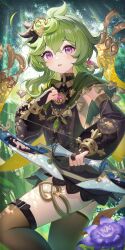 Rule 34 | 1girl, bow (weapon), capelet, collei (genshin impact), detached sleeves, genshin impact, green hair, highres, looking at viewer, oli o o, outdoors, purple eyes, solo, weapon
