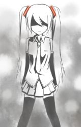 Rule 34 | 1girl, angry, bad id, bad pixiv id, detached sleeves, female focus, gradient background, greyscale, hair over eyes, hatsune miku, lino-lin, long hair, monochrome, necktie, skirt, solo, spot color, thighhighs, twintails, vocaloid, zettai ryouiki