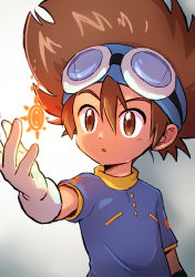 Rule 34 | 1boy, absurdres, brown eyes, brown hair, child, commentary request, digimon, digimon adventure, fantasy, floating, floating object, gloves, glowing, goggles, goggles on head, highres, looking at object, magic, male focus, mmsnowf2, open mouth, shirt, short hair, short sleeves, simple background, yagami taichi