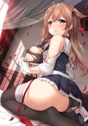 Rule 34 | 1girl, asymmetrical clothes, bandages, black panties, black serafuku, black thighhighs, blush, breasts, brown eyes, ezoshika, gloves, hair ornament, hairclip, heterochromia, indoors, kantai collection, kneeling, large breasts, light brown hair, long hair, looking at viewer, murasame (kancolle), murasame kai ni (kancolle), no shoes, on bed, panties, red eyes, school uniform, serafuku, single thighhigh, skindentation, smile, solo, thighhighs, tongue, tongue out, torn clothes, two side up, underwear, white gloves, window