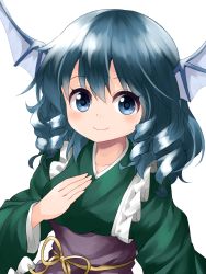 Rule 34 | 1girl, blue eyes, blue hair, collarbone, drill hair, fins, green kimono, hand on own chest, head fins, japanese clothes, kimono, mermaid, monster girl, obi, ruu (tksymkw), sash, simple background, smile, solo, touhou, wakasagihime, white background