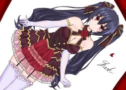 Rule 34 | black hair, breasts, cleavage, cowboy shot, elbow gloves, garter straps, gloves, hair between eyes, medium breasts, neptune (series), noire (neptunia), red eyes, shaah candidate, solo, thighhighs, twintails, white thighhighs