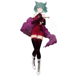 Rule 34 | 1girl, animal ears, black gloves, blush, boots, bow, cat ears, choker, cross-laced footwear, dress, elbow gloves, full body, gem, girls&#039; frontline, gloves, green eyes, green hair, high heels, holding, holding smoking pipe, knee boots, lace-up boots, long hair, looking at viewer, nin (lion), official alternate costume, official art, red eyes, sei asagiri, short hair, sleeveless, sleeveless dress, smoking pipe, solo, thigh gap, thighhighs, thighhighs under boots, transparent background, turtleneck, va-11 hall-a, white footwear, yellow bow, zettai ryouiki