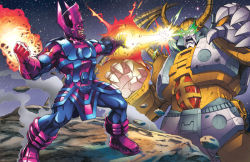 Rule 34 | 2boys, battle, beam, clash, claws, crossover, dan-the-artguy, death battle, duel, energy, eye beam, galactus, glowing, glowing eyes, green eyes, hasbro, helmet, horns, male focus, marvel, mecha, multiple boys, no humans, planet eater, retro artstyle, robot, science fiction, size difference, smoke, transformers, unicron, wings