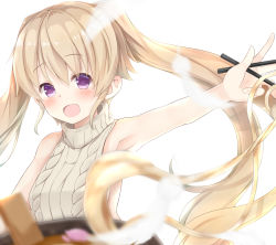 Rule 34 | 10s, 1girl, :d, ao no kanata no four rhythm, aran sweater, arisaka mashiro, armpits, backless outfit, blonde hair, blurry, blush, bowl, breasts, cable knit, chopsticks, depth of field, feathers, floating hair, food, hair between eyes, halterneck, holding, holding chopsticks, long hair, looking at viewer, medium breasts, meme attire, naked sweater, noa yj, noodles, open mouth, purple eyes, ribbed sweater, simple background, smile, solo, sweater, turtleneck, turtleneck sweater, twintails, udon, virgin killer sweater, white background