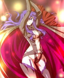 Rule 34 | 1girl, arms up, boots, breasts, cape, center opening, cleavage, crotch flap, female focus, gradient background, ka2, large breasts, long hair, macross, macross frontier, macross frontier: itsuwari no utahime, navel, o-ring, o-ring top, purple hair, sheryl nome, solo, stage lights, thigh boots, thighhighs