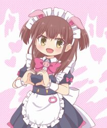 Rule 34 | 1girl, akiba maid sensou, animal ears, apron, black dress, blunt bangs, bow, brown eyes, brown hair, cowboy shot, dress, fake animal ears, frilled apron, frills, heart, heart hands, long hair, maid, maid apron, maid headdress, open mouth, pig ears, pink bow, reverse (bluefencer), smile, solo, standing, two side up, wahira nagomi, waist apron, white apron, wrist cuffs