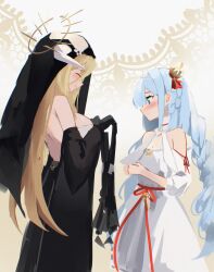 Rule 34 | 2girls, azur lane, bare shoulders, black dress, black gloves, blonde hair, blue eyes, blue hair, breast cutout, breasts, closed eyes, commentary, crown, danraz0r, dress, english commentary, fake horns, from side, gloves, habit, highres, horns, implacable (azur lane), janus (azur lane), large breasts, long hair, long sleeves, mini crown, multiple girls, nun, profile, red ribbon, revealing clothes, ribbon, very long hair, white dress, white horns