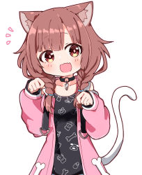 Rule 34 | 1girl, :d, animal ear fluff, animal ears, bare shoulders, black choker, black shirt, blush, braid, brown hair, cat ears, cat girl, cat tail, character print, choker, collarbone, detached sleeves, fur-trimmed sleeves, fur trim, hair over shoulder, hands up, hololive, inugami korone, inugami korone (loungewear), jacket, kemonomimi mode, long sleeves, low twintails, notice lines, open mouth, paw pose, pink jacket, pink sleeves, print shirt, puffy long sleeves, puffy sleeves, rabiiandrain, red eyes, shirt, simple background, sleeveless, sleeveless jacket, sleeves past wrists, smile, solo, tail, twin braids, twintails, virtual youtuber, white background