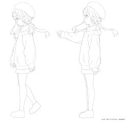 Rule 34 | 1girl, absurdres, beads, beret, commentary request, copyright name, copyright notice, full body, greyscale, hair beads, hair ornament, hat, highres, hood, hood down, hooded jacket, jacket, jelee-chan, lineart, long hair, long sleeves, monochrome, multiple views, no humans, official art, pleated skirt, sidelocks, simple background, skirt, standing, umituki yoru, unfinished, walking, white background, yoru no kurage wa oyogenai
