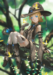 Rule 34 | 1girl, bad id, bad pixiv id, bare shoulders, blonde hair, blurry, boots, bug, butterfly, depth of field, detached sleeves, earrings, fantasy, forest, gloves, glowing, grey gloves, hat, in tree, insect, jewelry, long sleeves, nature, official art, original, pointy ears, scenery, seeker, shirt, shorts, single glove, sitting, sitting in tree, solo, staff, thighhighs, tree, vest, white thighhighs, wide sleeves, witch hat