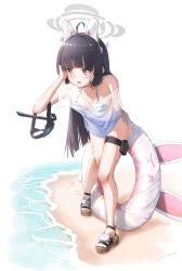 Rule 34 | 1girl, ahoge, alternate costume, animal ear headphones, animal ears, beach, belt, bikini, black hair, blue archive, breasts, cleavage, collarbone, commentary request, fake animal ears, full body, goggles, halo, headband, headphones, highres, hime cut, innertube, miyu (blue archive), open mouth, red eyes, short hair, slippers, small breasts, solo, standing, swim ring, swimsuit, thigh belt, thigh strap, water, white background, yo na