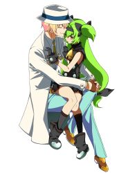 Rule 34 | 1boy, 1girl, alternate color, alternate eye color, alternate hair color, arc system works, blazblue, blazblue: continuum shift, blonde hair, blush, bow, color switch, fedora, fingerless gloves, gloves, green hair, hair bow, hairband, hat, hazama, heart, heart-shaped pupils, highres, long hair, low-tied long hair, necktie, platinum the trinity, quad tails, ribbon, simple background, sitting, sitting on lap, sitting on person, skirt, smile, symbol-shaped pupils, toudou hayate, two side up, very long hair, white background, yellow eyes