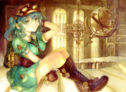 Rule 34 | 1girl, armillary sphere, bad id, bad pixiv id, belt, blue eyes, blue hair, boots, breasts, brown gloves, chandelier, color ink (medium), cross-laced footwear, dress, full body, gears, gloves, goggles, goggles on head, goggles on headwear, hair bobbles, hair ornament, hand on own head, hat, kawashiro nitori, keiko (mitakarawa), key, lace-up boots, looking at viewer, machinery, matching hair/eyes, medium breasts, short hair, short sleeves, sitting, skirt, skirt set, smile, solo, stairs, steampunk, touhou, traditional media, twintails, two side up, utility belt, wrench