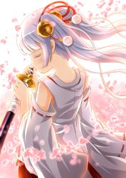 Rule 34 | 1girl, aiura aiu, bell, blind, busou shoujo machiavellism, cherry blossoms, detached sleeves, closed eyes, floating hair, from behind, hair bell, hair ornament, hair ribbon, hakama, hakama skirt, highres, holding, holding sword, holding weapon, inaba tsukuyo, japanese clothes, kimono, long hair, red hakama, red ribbon, ribbon, ribbon-trimmed sleeves, ribbon trim, sheath, sheathed, silver hair, skirt, sleeveless, sleeveless kimono, smile, solo, sword, twintails, weapon, white kimono