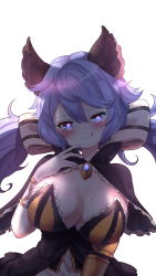 Rule 34 | 1girl, :q, animal ears, black capelet, blush, breasts, capelet, cleavage, closed mouth, frilled capelet, frills, granblue fantasy, hair between eyes, hair ribbon, hand up, heart, heart-shaped pupils, highres, large breasts, long hair, looking at viewer, low twintails, purple hair, rayno, ribbon, satyr (granblue fantasy), simple background, smile, solo, symbol-shaped pupils, tongue, tongue out, twintails, upper body, very long hair