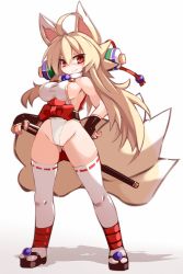 Rule 34 | 1girl, ahoge, animal ears, bare shoulders, blonde hair, breasts, cameltoe, cleft of venus, fingerless gloves, fox ears, fox tail, full body, gloves, gluteal fold, gradient background, hair between eyes, hand on own hip, hand on sword, highres, izuna (shinrabanshou), karukan (monjya), leotard, long hair, multiple tails, no panties, red eyes, ribbon-trimmed legwear, ribbon trim, sandals, shinrabanshou, sideboob, simple background, smile, solo, sword, tabi, tail, thighhighs, turtleneck, weapon, white leotard, white thighhighs