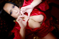 Rule 34 | 1girl, bath, black hair, blue eyes, boa hancock, boa hancock (cosplay), breasts, chouzuki maryou, cleavage, cosplay, curvy, earrings, female focus, heart, hip focus, jewelry, large breasts, long hair, looking at viewer, one piece, photo (medium), plump, red shirt, robe, shirt, silk robe, solo, steam, thick thighs, thighs, water, wide hips