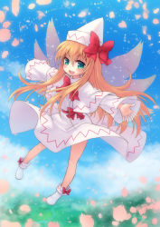 1girl bare_legs blonde_hair boots bow dress female_focus green_eyes hat highres lily_white long_hair long_sleeves md5_mismatch miruki open_mouth outstretched_arms petals smile solo touhou wings