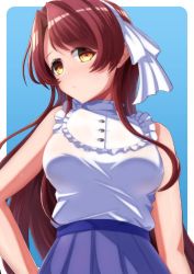 Rule 34 | 1girl, :/, arm at side, bare arms, bare shoulders, blue background, blue skirt, blush, border, bow hairband, breasts, brown hair, buttons, closed mouth, commentary request, d4dj, frilled shirt, frilled shirt collar, frills, gradient background, hair ribbon, hairband, hand on own hip, high-waist skirt, highres, hiraken, kasuga haruna, long hair, looking at viewer, medium breasts, outside border, pleated skirt, ribbon, rounded corners, see-through, shirt, sidelocks, skirt, sleeveless, sleeveless shirt, solo, standing, sweat, swept bangs, upper body, very long hair, wet, wet clothes, wet shirt, white border, white ribbon, white shirt, yellow eyes