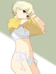 Rule 34 | 1girl, blonde hair, bra, breasts, cat cutout, cat ear panties, cat lingerie, cleavage, cleavage cutout, clothes lift, clothing cutout, frilled bra, frills, from side, highres, ino (magloid), lifted by self, light, meme attire, navel, no pants, otome function, panties, shirt, shirt lift, short hair, side-tie panties, simple background, small breasts, solo, tatiana vasilievna stalina, underwear, undressing, white panties