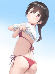 Rule 34 | 1girl, ass, bikini, blue background, braid, braided ponytail, breasts, brown hair, closed mouth, clothes lift, commentary request, gradient background, highres, lifted by self, long hair, looking at viewer, meow (nekodenki), original, red bikini, red eyes, shirt, shirt lift, side-tie bikini bottom, small breasts, smile, solo, swimsuit, undressing, white shirt