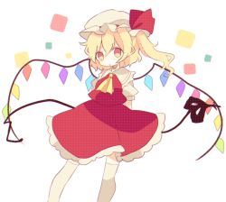 Rule 34 | 1girl, ascot, bad id, bad twitter id, blonde hair, daizu (melon-lemon), flandre scarlet, hat, highres, red eyes, ribbon, short hair, side ponytail, simple background, solo, touhou, wings