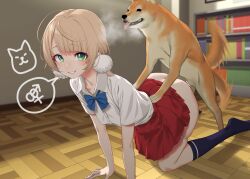 Rule 34 | 1girl, 1other, all fours, bar censor, bestiality, blonde hair, censored, clenched teeth, dog, gishu, green eyes, grin, highres, imminent penetration, indie virtual youtuber, indoors, on floor, penis, red skirt, school uniform, sex, shiba inu, shigure ui (vtuber) (2nd costume), shigure ui (vtuber), skirt, smile, teeth, virtual youtuber, wooden floor