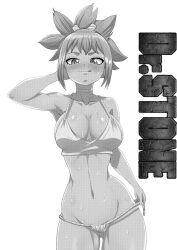 Rule 34 | 1girl, absurdres, blush, breasts, dr. stone, heart, heart-shaped pupils, highres, kohaku (dr. stone), large breasts, medium breasts, monochrome, sweat, symbol-shaped pupils, tempting, the amazing gambit, tongue, underwear, undressing