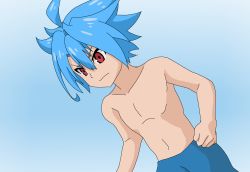 Rule 34 | 10s, 1boy, blue hair, future card buddyfight, looking at viewer, male focus, muscular, navel, red eyes, ryuuenji tasuku, topless male, short hair, simple background, solo, spiked hair