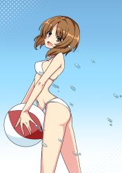 Rule 34 | 1girl, :d, ball, beachball, bikini, blue background, breasts, brown eyes, brown hair, commentary, feet out of frame, from side, girls und panzer, gradient background, head tilt, highres, holding, holding ball, holding beachball, looking at viewer, looking to the side, medium breasts, navel, nishizumi miho, nobara (kaidan2012), open mouth, short hair, sideboob, simple background, smile, solo, swimsuit, water drop, white bikini