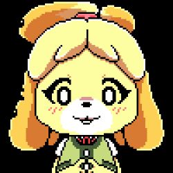 Rule 34 | !, 1girl, :3, animal crossing, animated, animated gif, artist name, black border, blonde hair, blush, border, buck teeth, closed mouth, female focus, fidgeting, flat chest, furry, furry female, green vest, hair tie, hands on own face, hands up, happy, isabelle (animal crossing), looking at viewer, neck ribbon, nintendo, open mouth, pc-doodle, pixel art, red ribbon, ribbon, shirt, short hair, short sleeves, smile, solo, sparkle, teeth, topknot, transparent background, upper body, vest, watermark, white eyes, white shirt